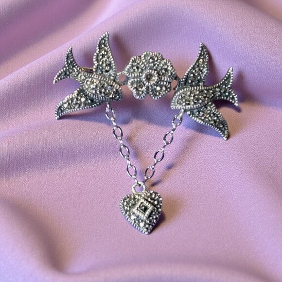 vintage Judith Jack sterling & marcasite lovebirds brooch